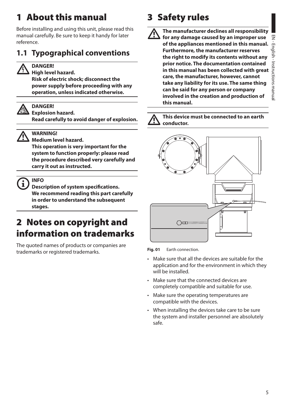 1 about this manual, 1 typographical conventions, 2 notes on copyright and information on trademarks | 3 safety rules | Videotec EXPT User Manual | Page 7 / 114