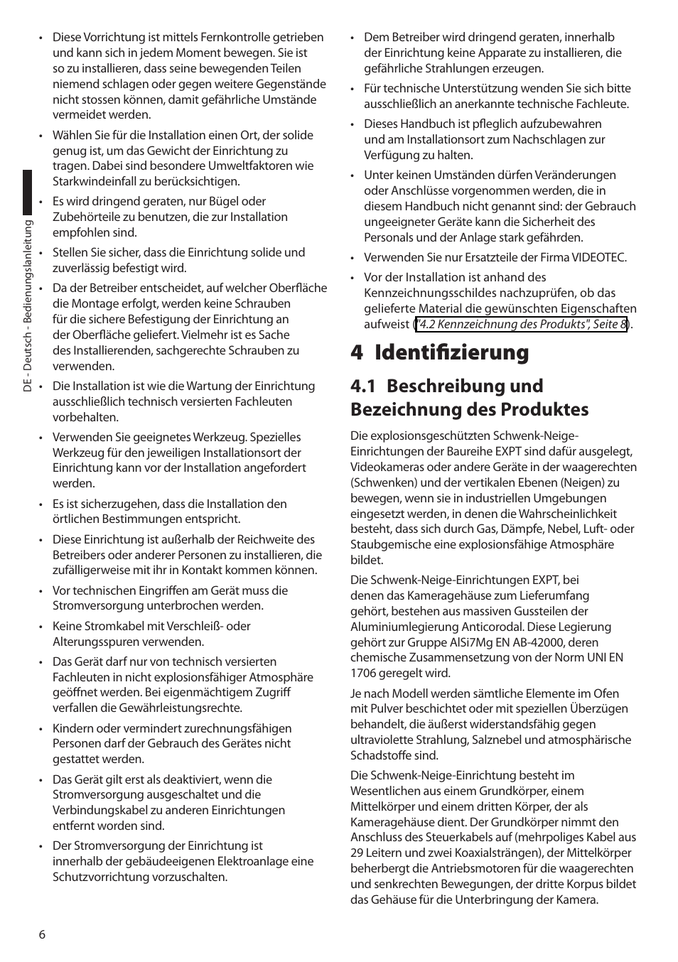 4 identifizierung, 1 beschreibung und bezeichnung des produktes | Videotec EXPT User Manual | Page 74 / 114