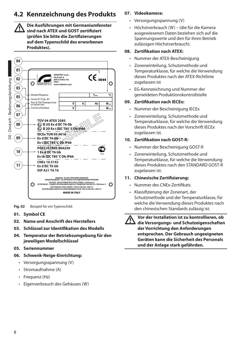 2 kennzeichnung des produkts | Videotec EXPT User Manual | Page 76 / 114