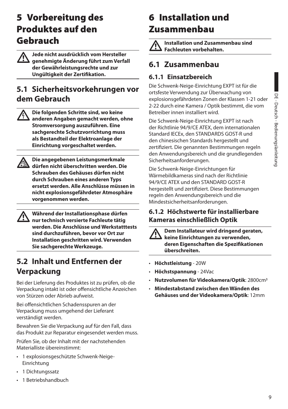 5 vorbereitung des produktes auf den gebrauch, 1 sicherheitsvorkehrungen vor dem gebrauch, 2 inhalt und entfernen der verpackung | 6 installation und zusammenbau, 1 zusammenbau, 1 einsatzbereich | Videotec EXPT User Manual | Page 77 / 114