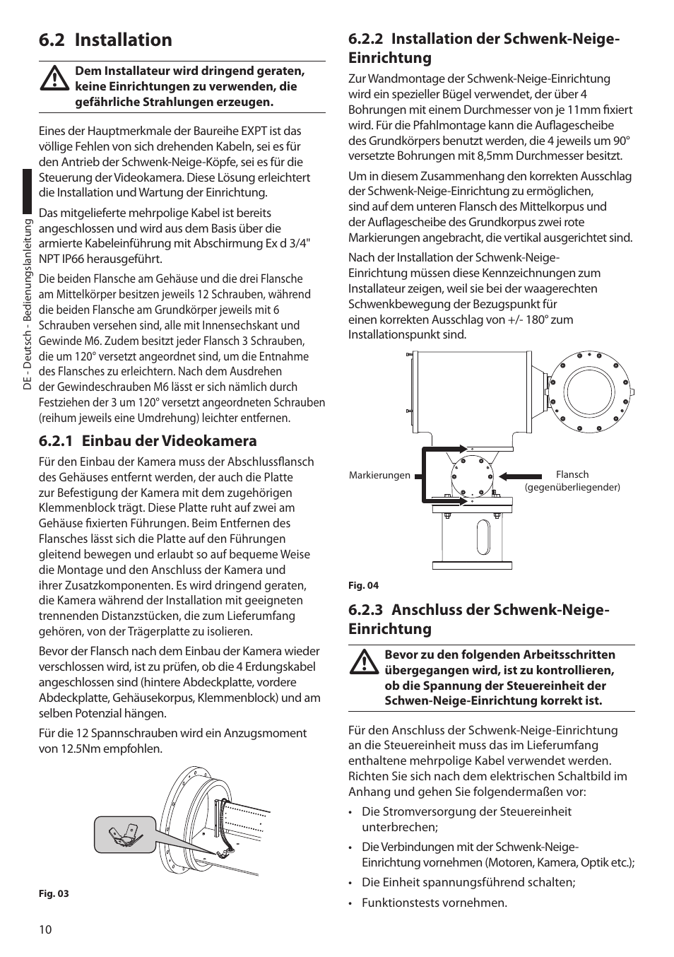 2 installation, 1 einbau der videokamera, 2 installation der schwenk-neige-einrichtung | 3 anschluss der schwenk-neige-einrichtung | Videotec EXPT User Manual | Page 78 / 114