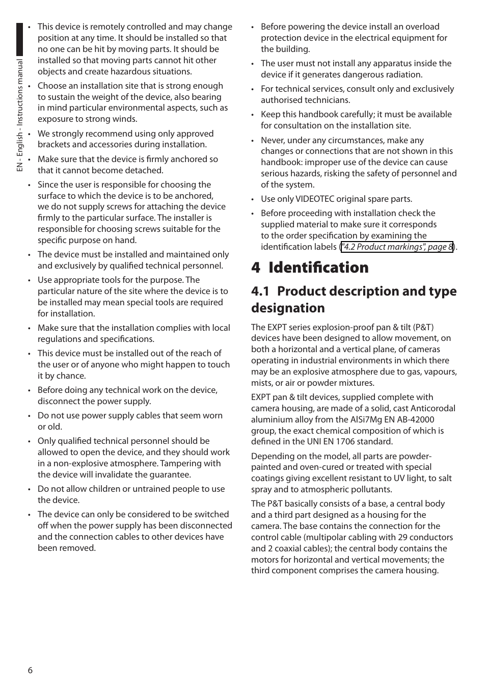 4 identification, 1 product description and type designation | Videotec EXPT User Manual | Page 8 / 114