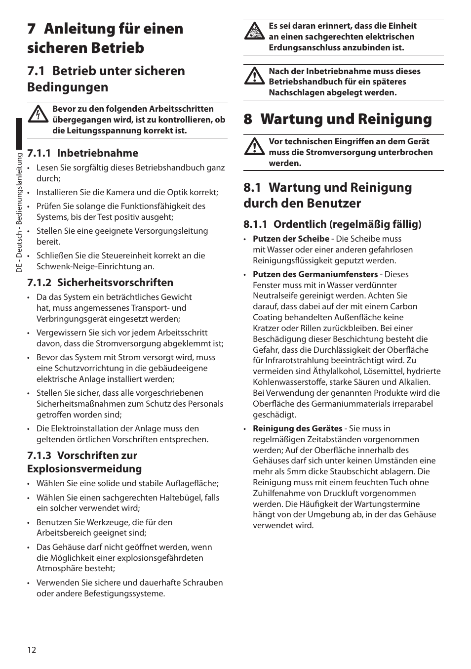 7 anleitung für einen sicheren betrieb, 1 betrieb unter sicheren bedingungen, 1 inbetriebnahme | 2 sicherheitsvorschriften, 3 vorschriften zur explosionsvermeidung, 8 wartung und reinigung, 1 wartung und reinigung durch den benutzer, 1 ordentlich (regelmäßig fällig) | Videotec EXPT User Manual | Page 80 / 114