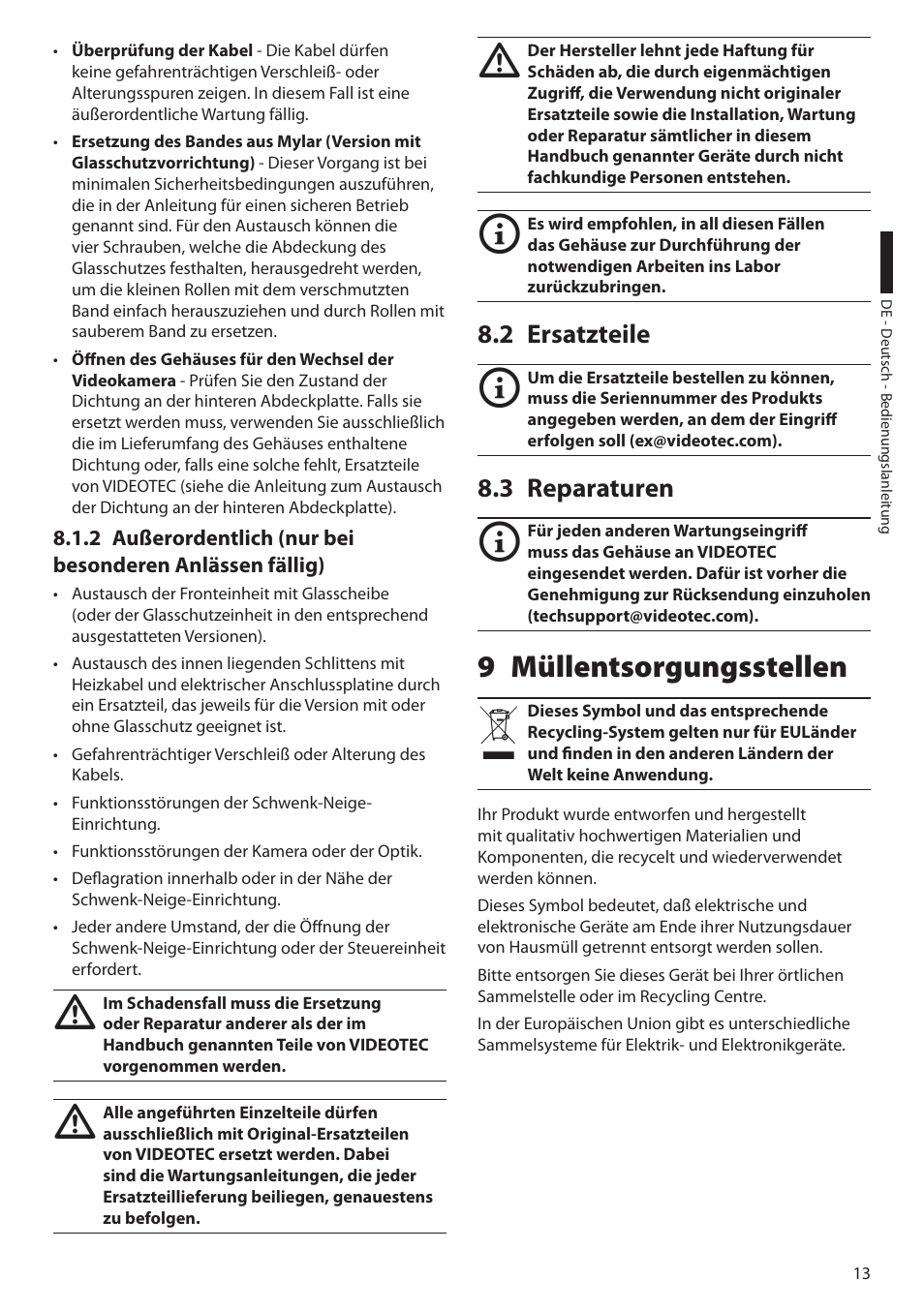 2 ersatzteile, 3 reparaturen, 9 müllentsorgungsstellen | 2 ersatzteile 8.3 reparaturen | Videotec EXPT User Manual | Page 81 / 114