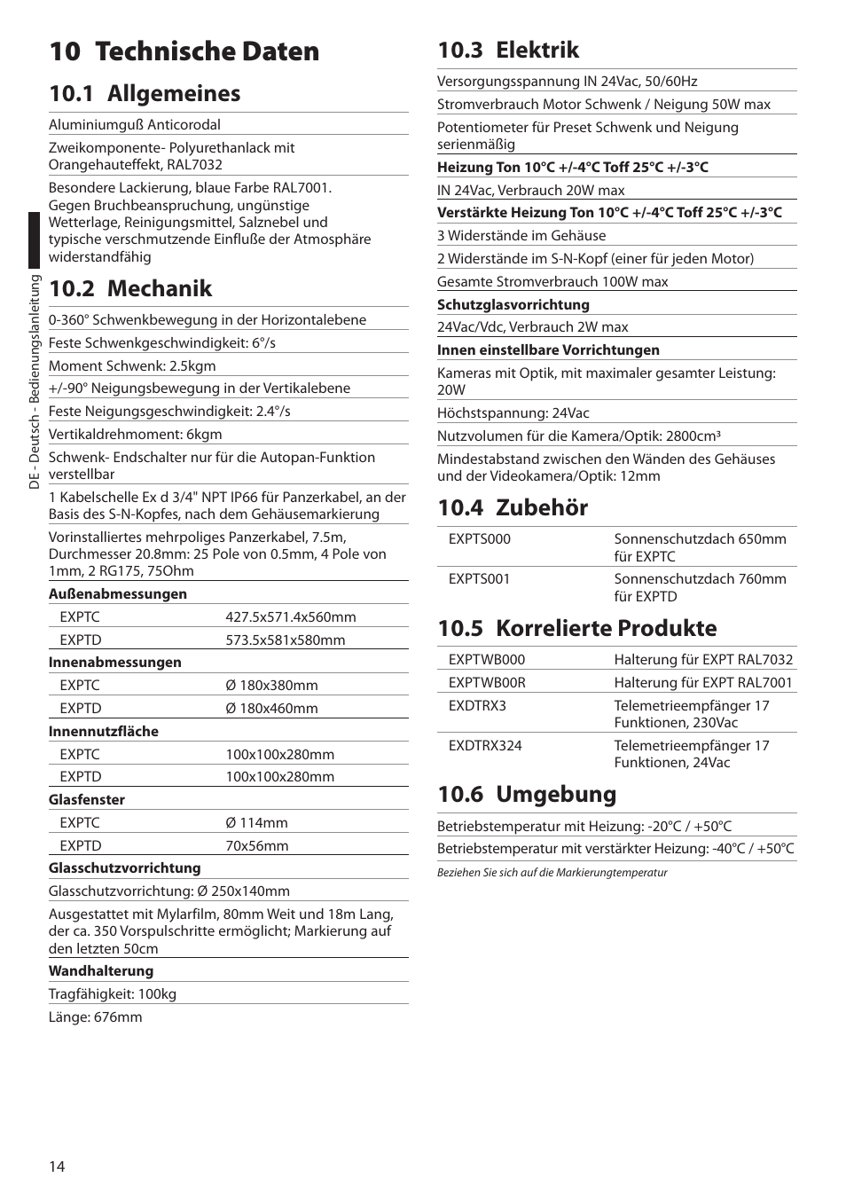 10 technische daten, 1 allgemeines, 2 mechanik | 3 elektrik, 4 zubehör, 5 korrelierte produkte, 6 umgebung | Videotec EXPT User Manual | Page 82 / 114