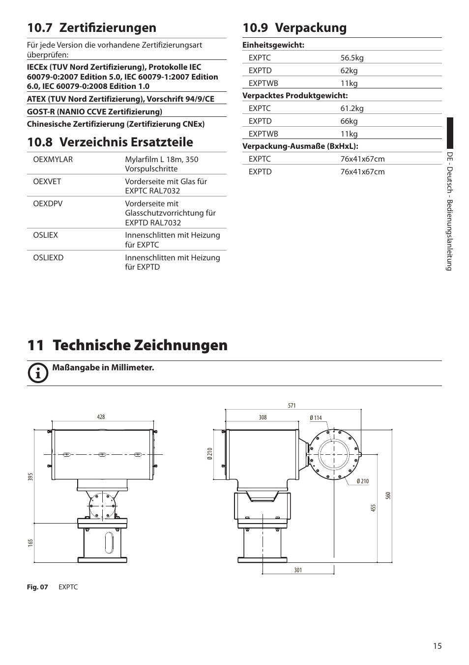 7 zertifizierungen, 8 verzeichnis ersatzteile, 9 verpackung | 11 technische zeichnungen | Videotec EXPT User Manual | Page 83 / 114