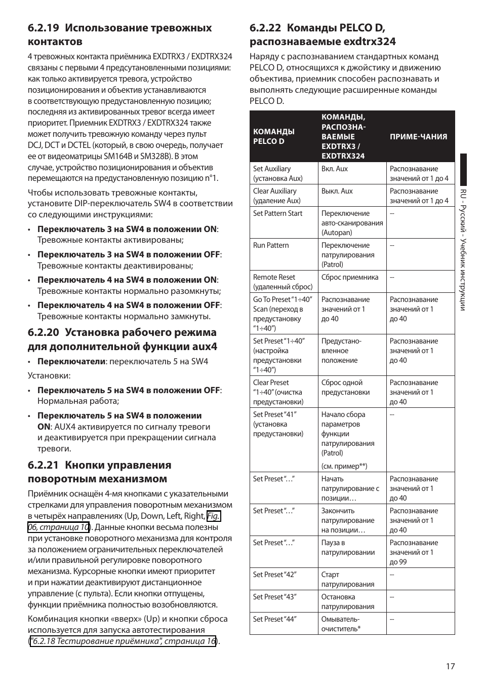 19 использование тревожных контактов, 21 кнопки управления поворотным механизмом, 22 команды pelco d, распознаваемые exdtrx324 | Videotec EXDTRX User Manual | Page 115 / 124