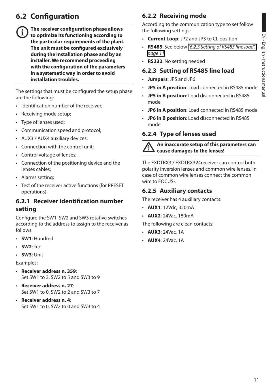 2 configuration, 1 receiver identification number setting, 2 receiving mode | 3 setting of rs485 line load, 4 type of lenses used, 5 auxiliary contacts | Videotec EXDTRX User Manual | Page 13 / 124