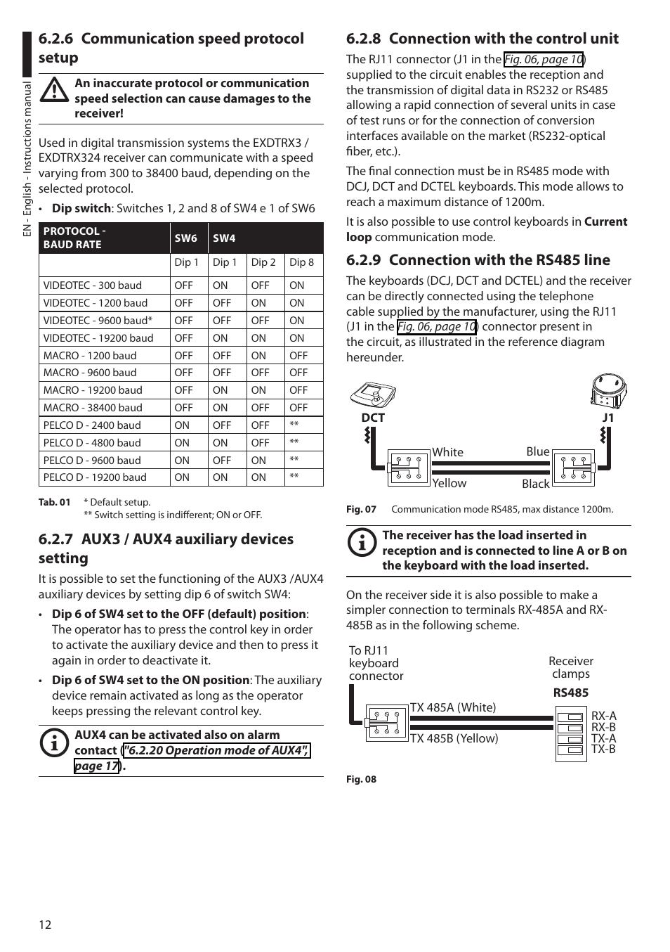 6 communication speed protocol setup, 7 aux3 / aux4 auxiliary devices setting, 8 connection with the control unit | 9 connection with the rs485 line | Videotec EXDTRX User Manual | Page 14 / 124