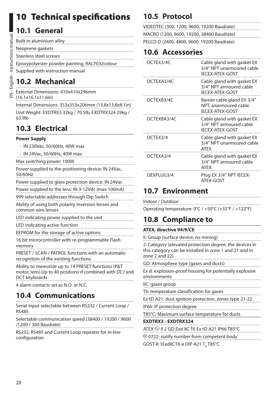 10 technical specifications, 1 general, 2 mechanical | 3 electrical, 4 communications, 5 protocol, 6 accessories, 7 environment, 8 compliance to | Videotec EXDTRX User Manual | Page 22 / 124