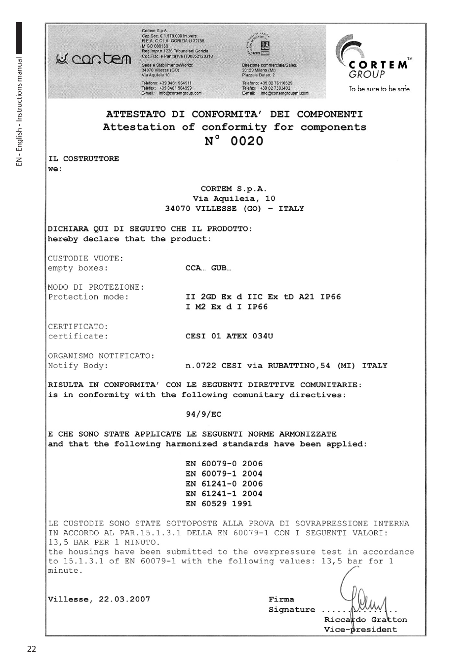 12 appendix a - cortem declaration | Videotec EXDTRX User Manual | Page 24 / 124