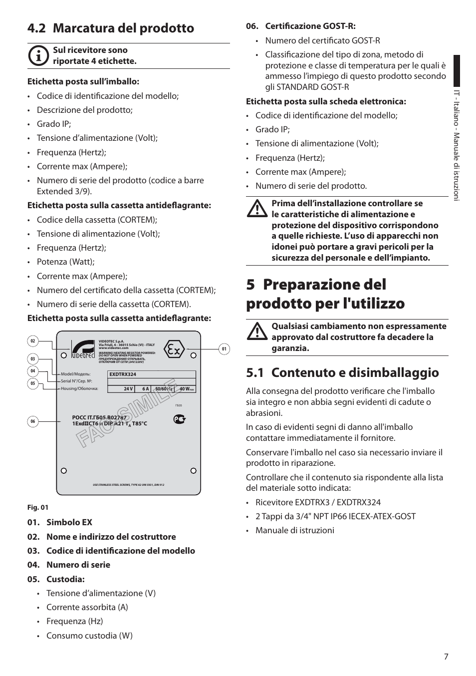 2 marcatura del prodotto, 5 preparazione del prodotto per l'utilizzo, 1 contenuto e disimballaggio | Videotec EXDTRX User Manual | Page 33 / 124