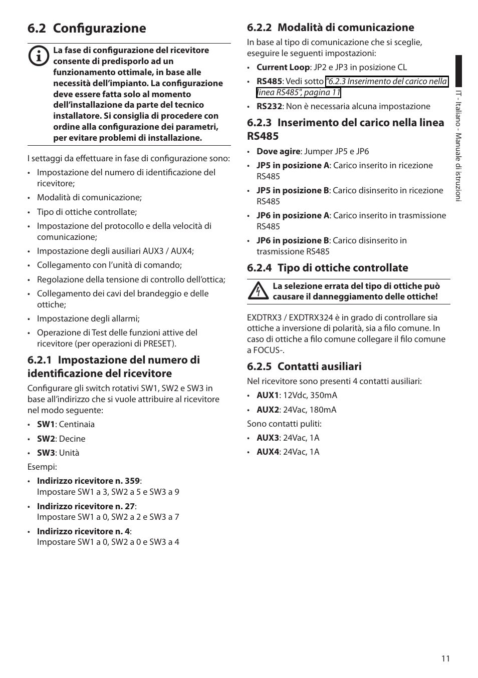 2 configurazione, 2 modalità di comunicazione, 3 inserimento del carico nella linea rs485 | 4 tipo di ottiche controllate, 5 contatti ausiliari | Videotec EXDTRX User Manual | Page 37 / 124