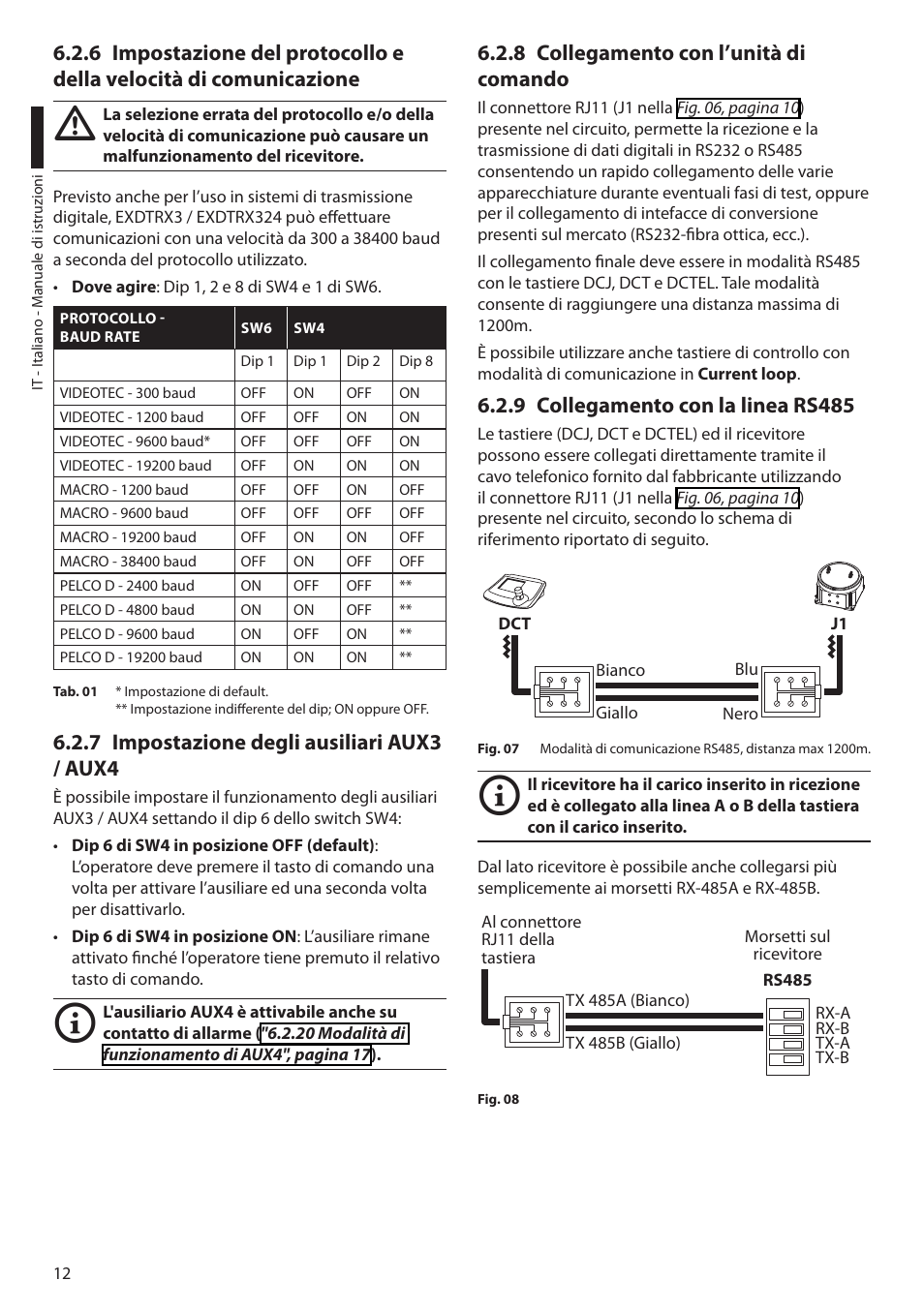 7 impostazione degli ausiliari aux3 / aux4, 8 collegamento con l’unità di comando, 9 collegamento con la linea rs485 | Videotec EXDTRX User Manual | Page 38 / 124