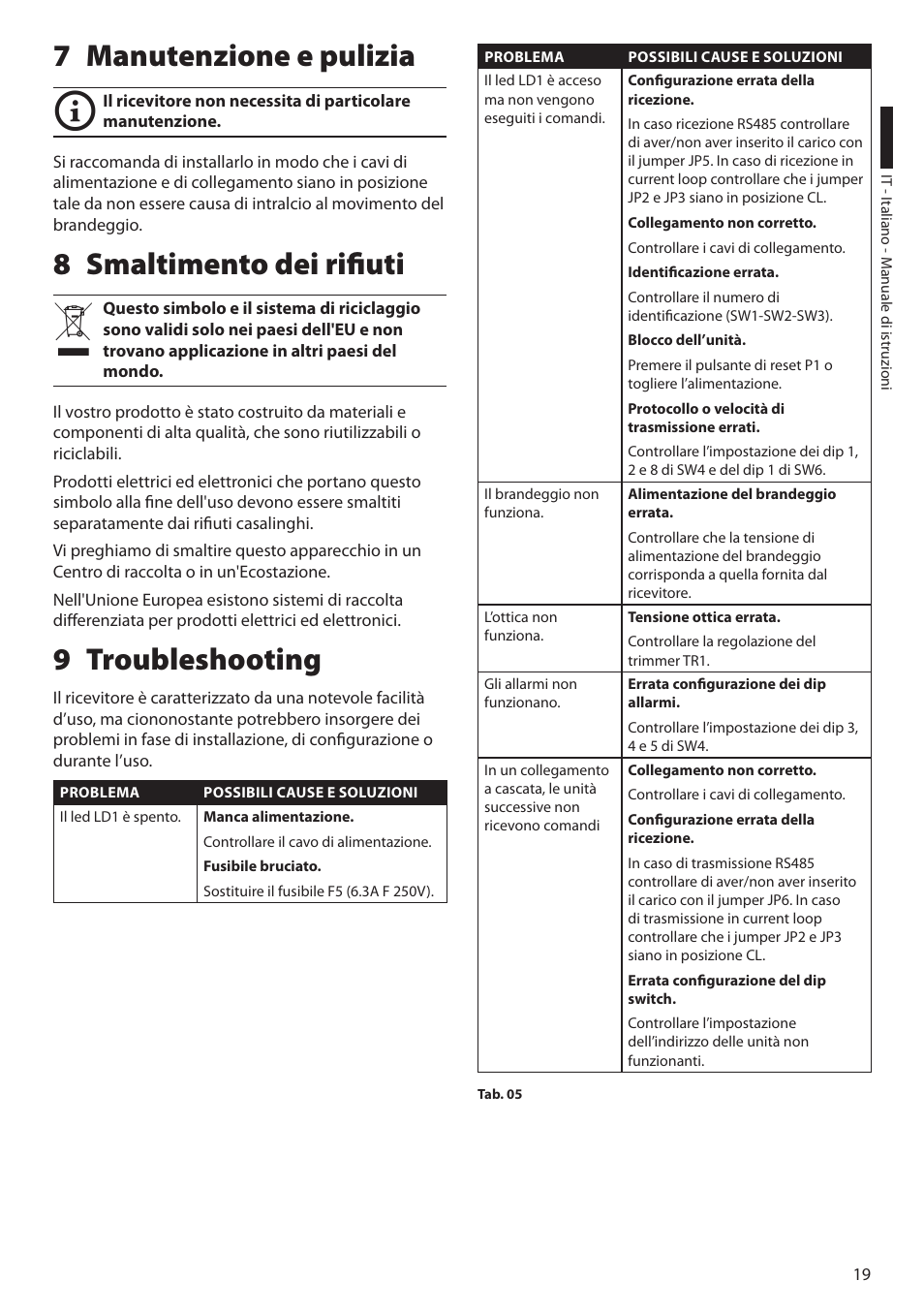 7 manutenzione e pulizia, 8 smaltimento dei rifiuti, 9 troubleshooting | 8 smaltimento dei rifiuti 9 troubleshooting | Videotec EXDTRX User Manual | Page 45 / 124