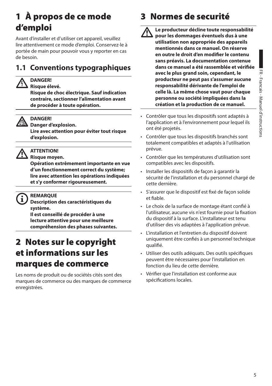 1 à propos de ce mode d’emploi, 1 conventions typographiques, 3 normes de securité | Videotec EXDTRX User Manual | Page 55 / 124