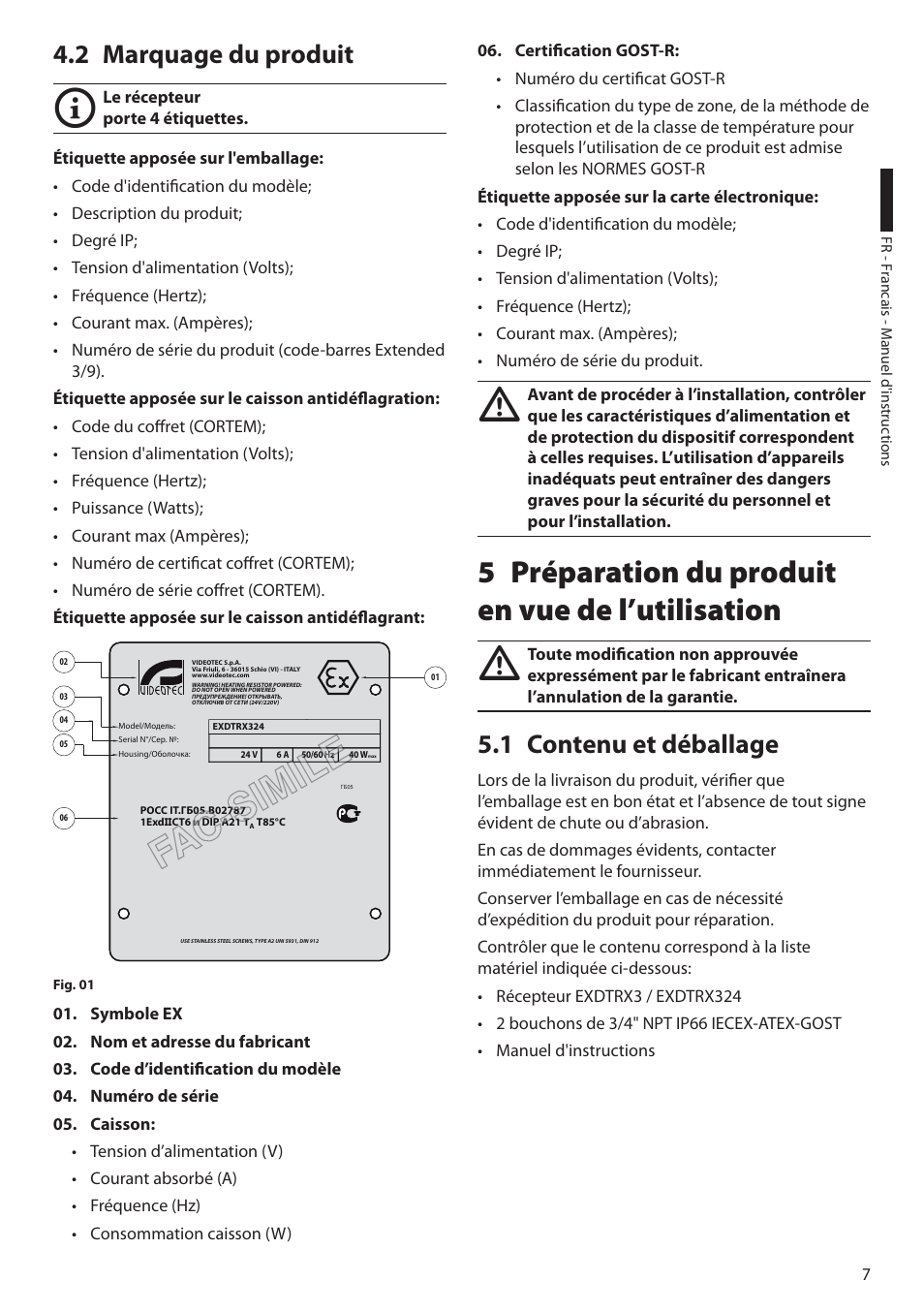 2 marquage du produit, 5 préparation du produit en vue de l’utilisation, 1 contenu et déballage | Videotec EXDTRX User Manual | Page 57 / 124