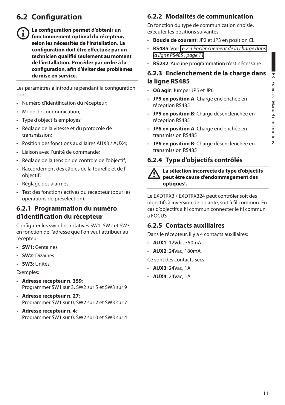 2 configuration, 2 modalités de communication, 3 enclenchement de la charge dans la ligne rs485 | 4 type d’objectifs contrôlés, 5 contacts auxiliaires | Videotec EXDTRX User Manual | Page 61 / 124