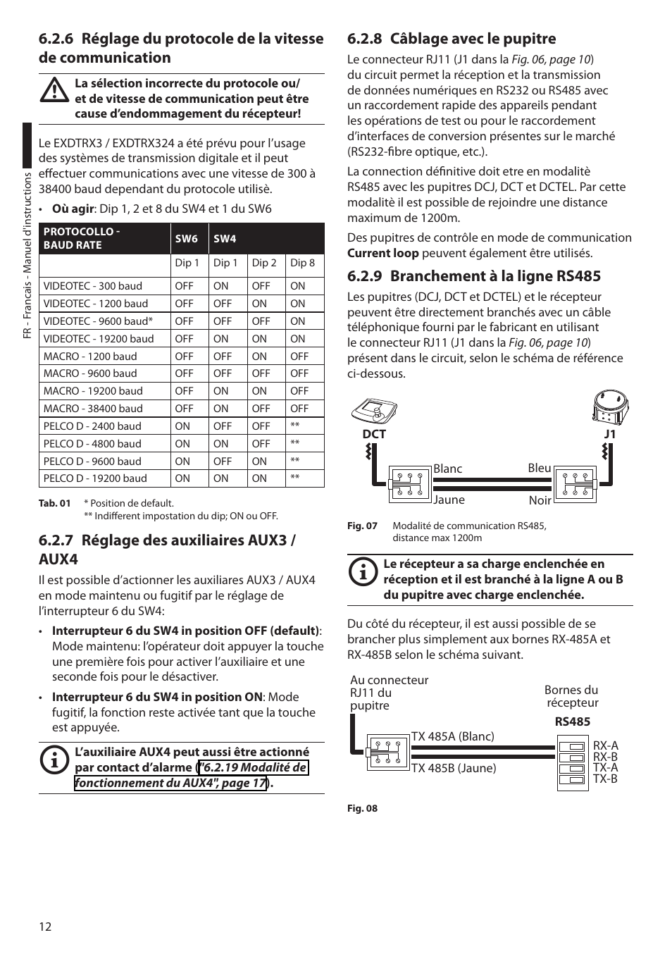 7 réglage des auxiliaires aux3 / aux4, 8 câblage avec le pupitre, 9 branchement à la ligne rs485 | Videotec EXDTRX User Manual | Page 62 / 124