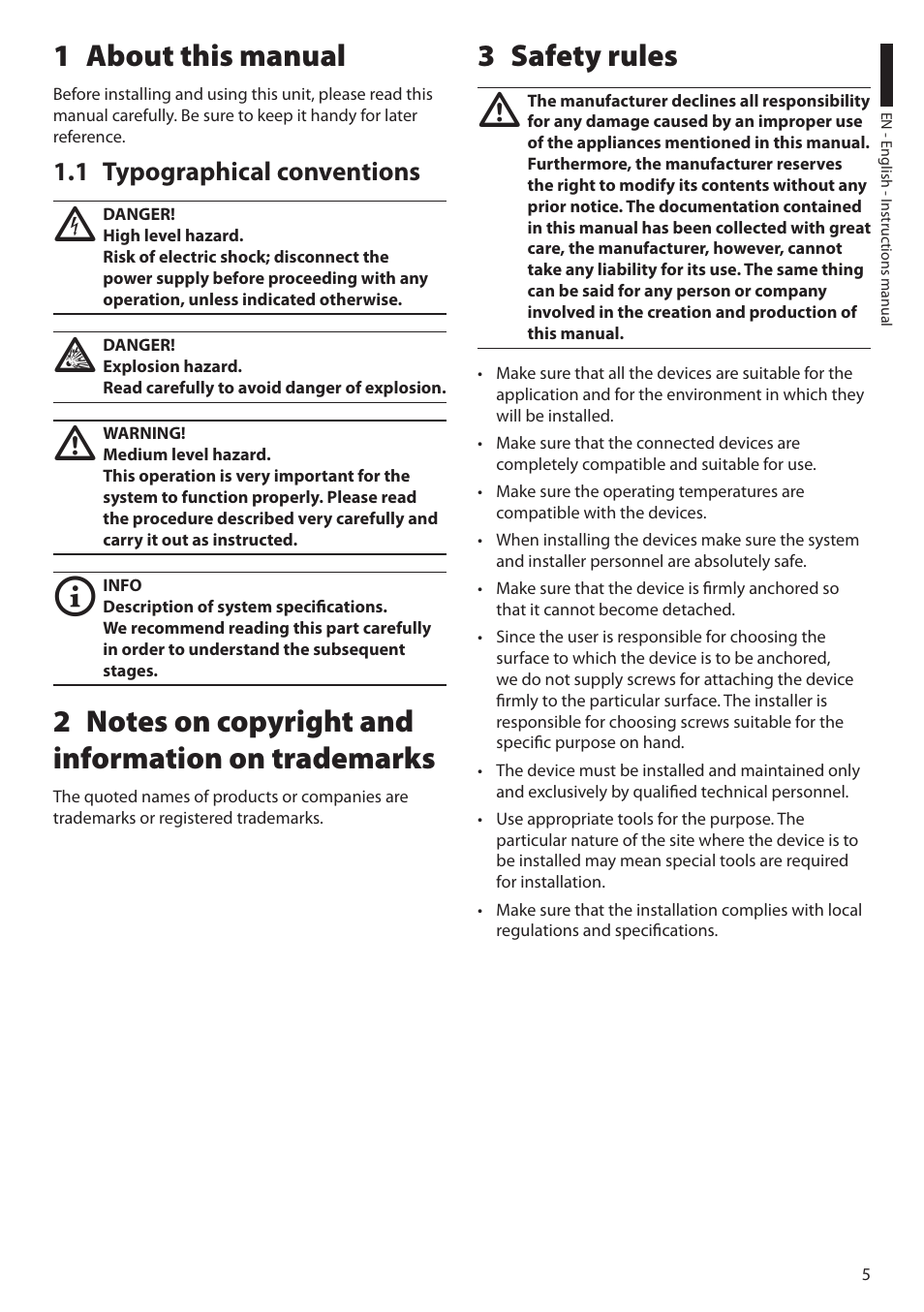 1 about this manual, 1 typographical conventions, 2 notes on copyright and information on trademarks | 3 safety rules | Videotec EXDTRX User Manual | Page 7 / 124