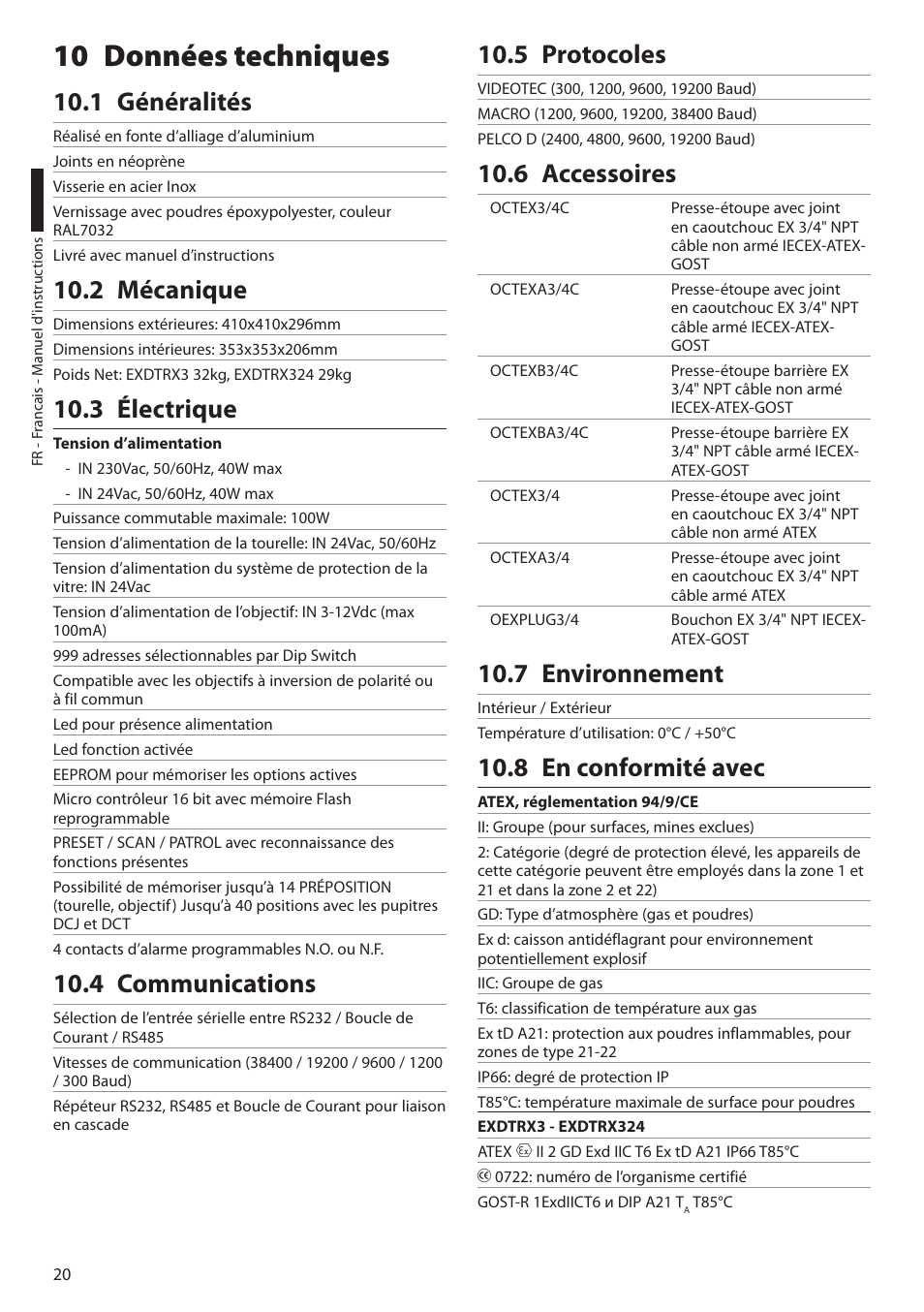 10 données techniques, 1 généralités, 2 mécanique | 3 électrique, 4 communications, 5 protocoles, 6 accessoires, 7 environnement, 8 en conformité avec | Videotec EXDTRX User Manual | Page 70 / 124