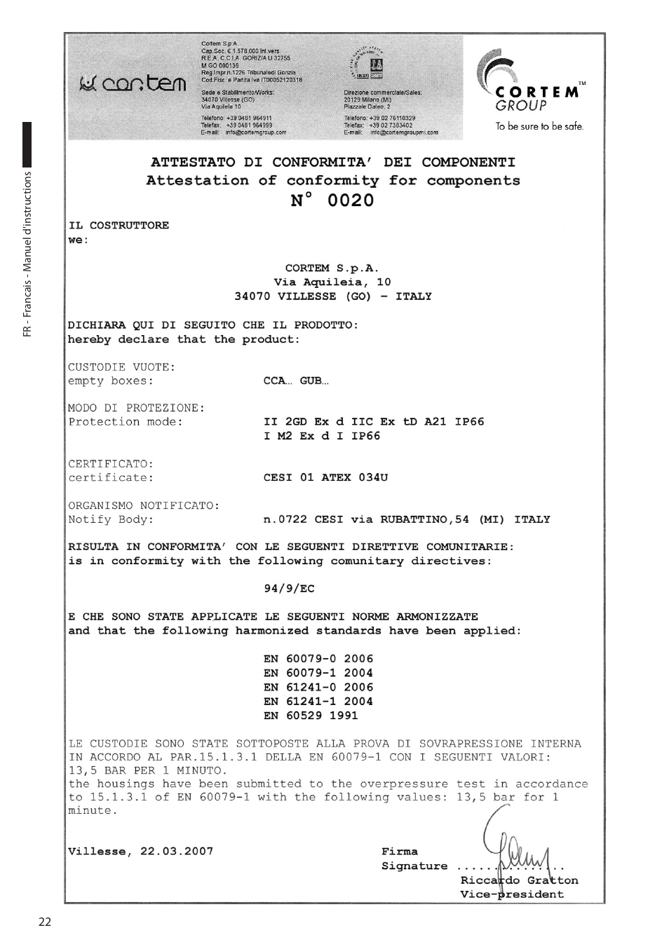 12 annexe a - déclaration cortem | Videotec EXDTRX User Manual | Page 72 / 124