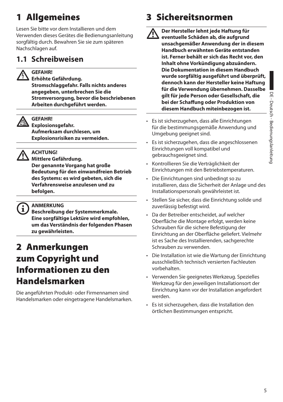 1 allgemeines, 1 schreibweisen, 3 sichereitsnormen | Videotec EXDTRX User Manual | Page 79 / 124