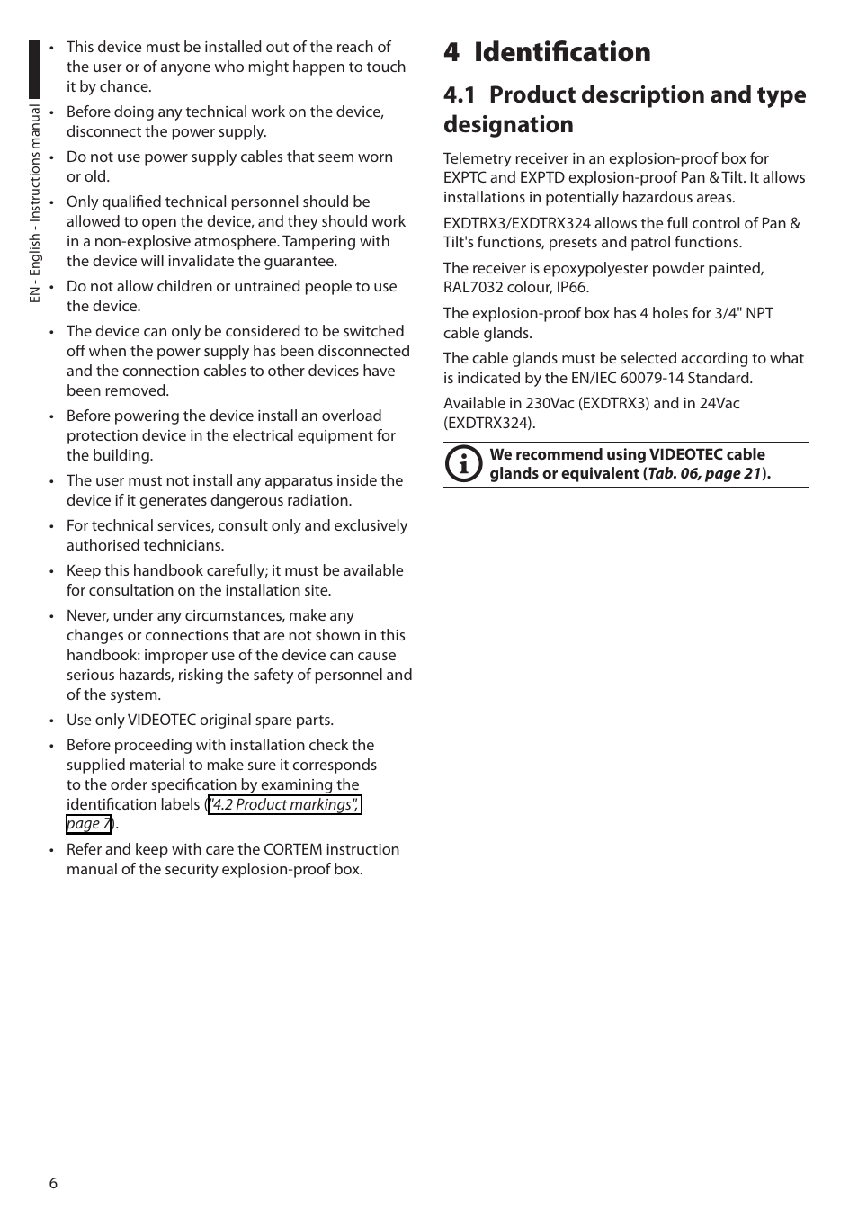 4 identification, 1 product description and type designation | Videotec EXDTRX User Manual | Page 8 / 124