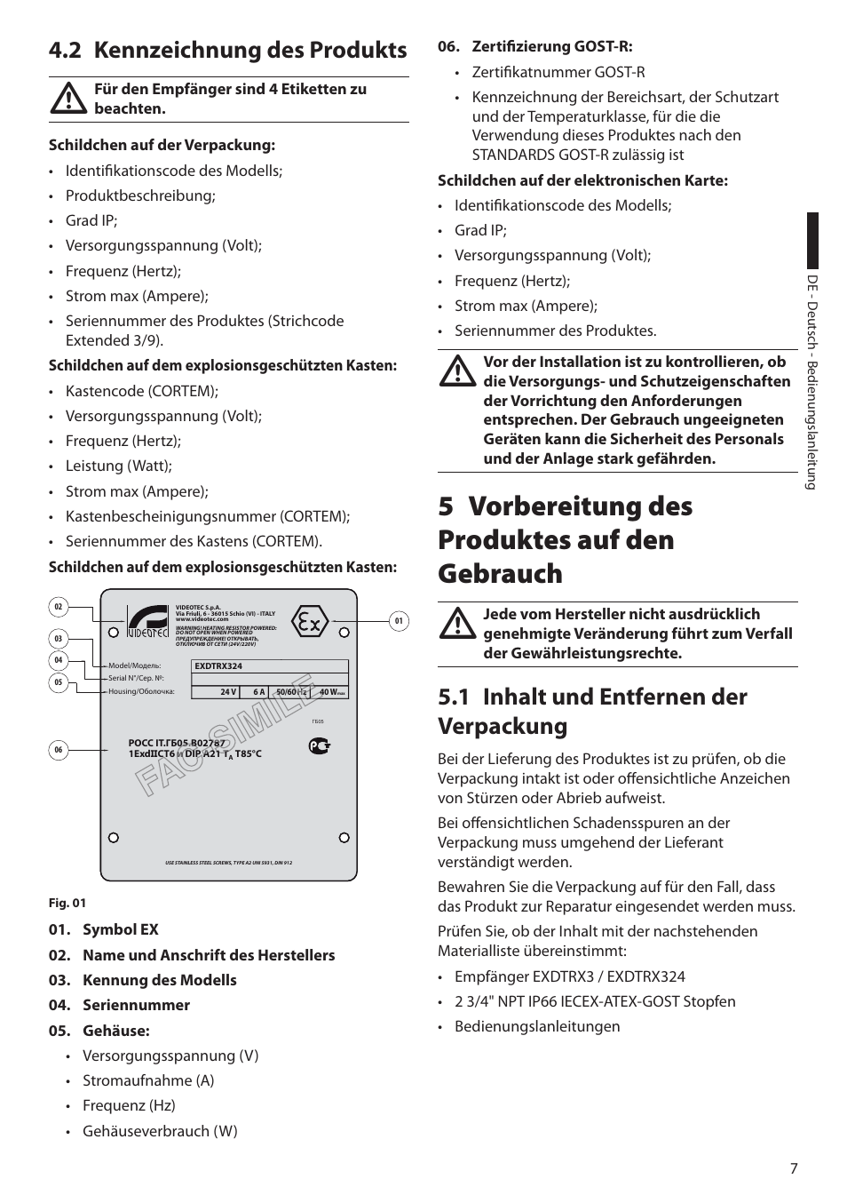 2 kennzeichnung des produkts, 5 vorbereitung des produktes auf den gebrauch, 1 inhalt und entfernen der verpackung | Videotec EXDTRX User Manual | Page 81 / 124