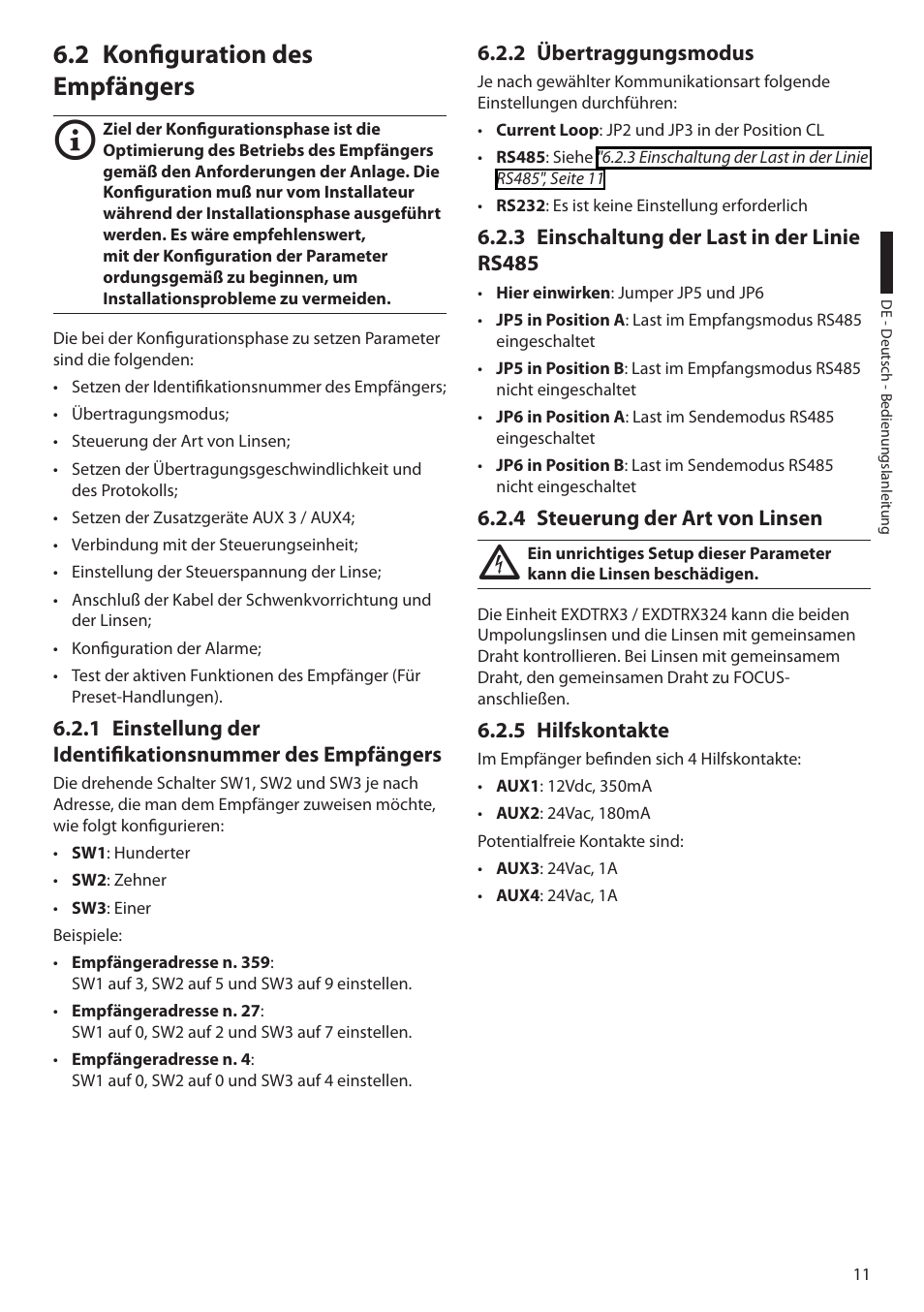 2 konfiguration des empfängers, 2 übertraggungsmodus, 3 einschaltung der last in der linie rs485 | 4 steuerung der art von linsen, 5 hilfskontakte | Videotec EXDTRX User Manual | Page 85 / 124