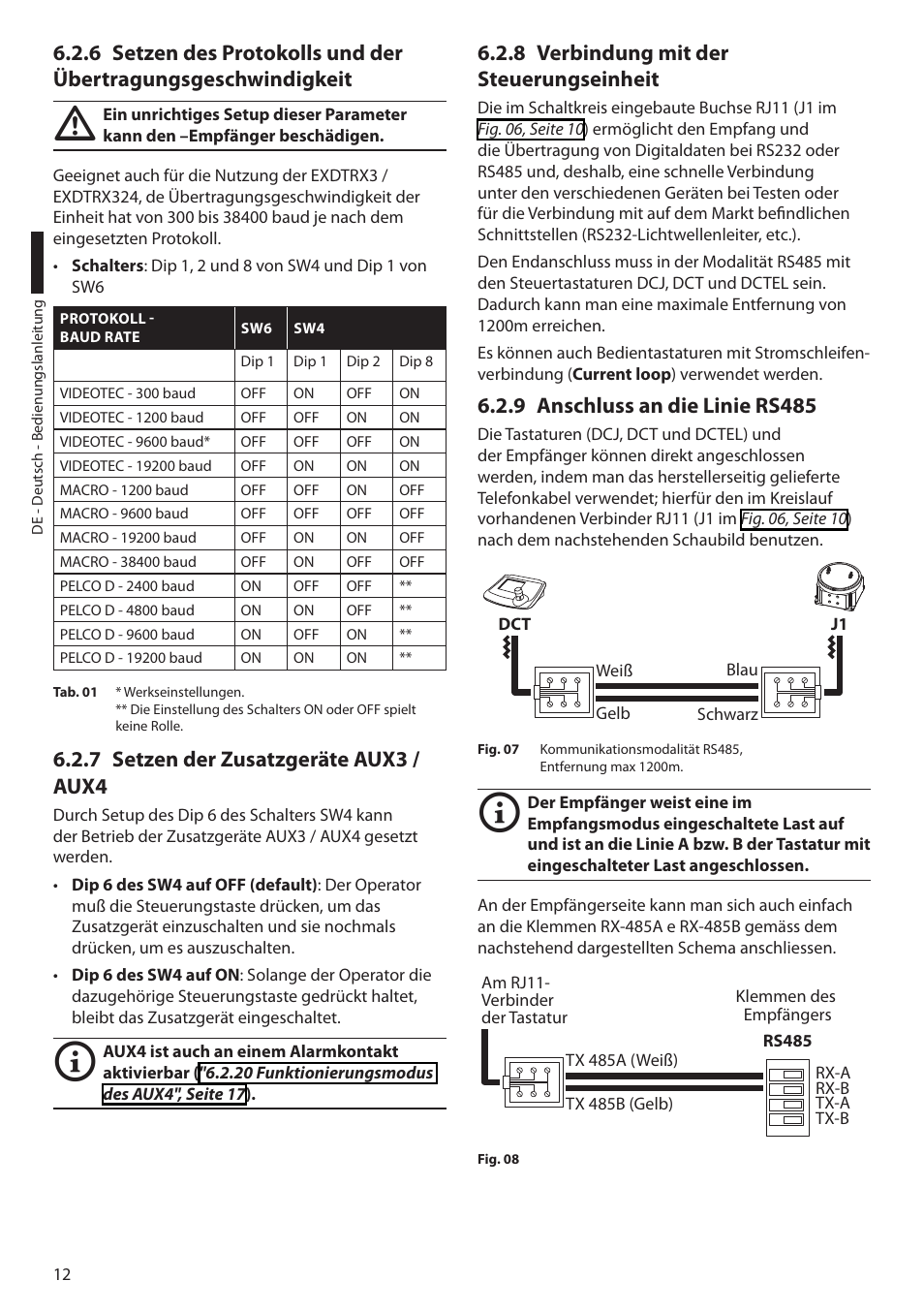 7 setzen der zusatzgeräte aux3 / aux4, 8 verbindung mit der steuerungseinheit, 9 anschluss an die linie rs485 | Videotec EXDTRX User Manual | Page 86 / 124