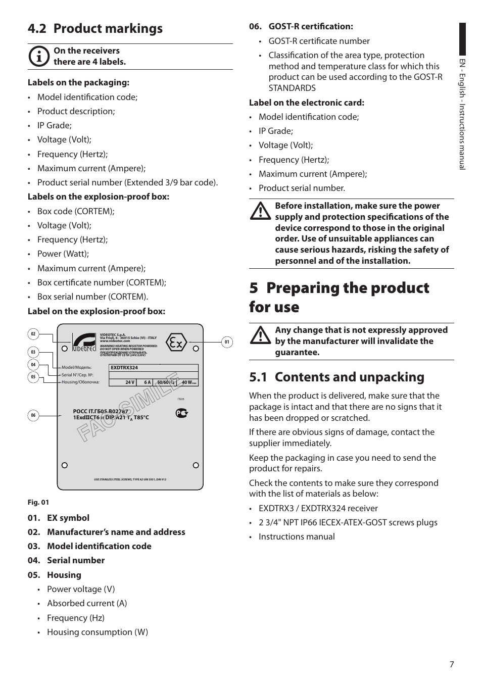 2 product markings, 5 preparing the product for use, 1 contents and unpacking | Videotec EXDTRX User Manual | Page 9 / 124