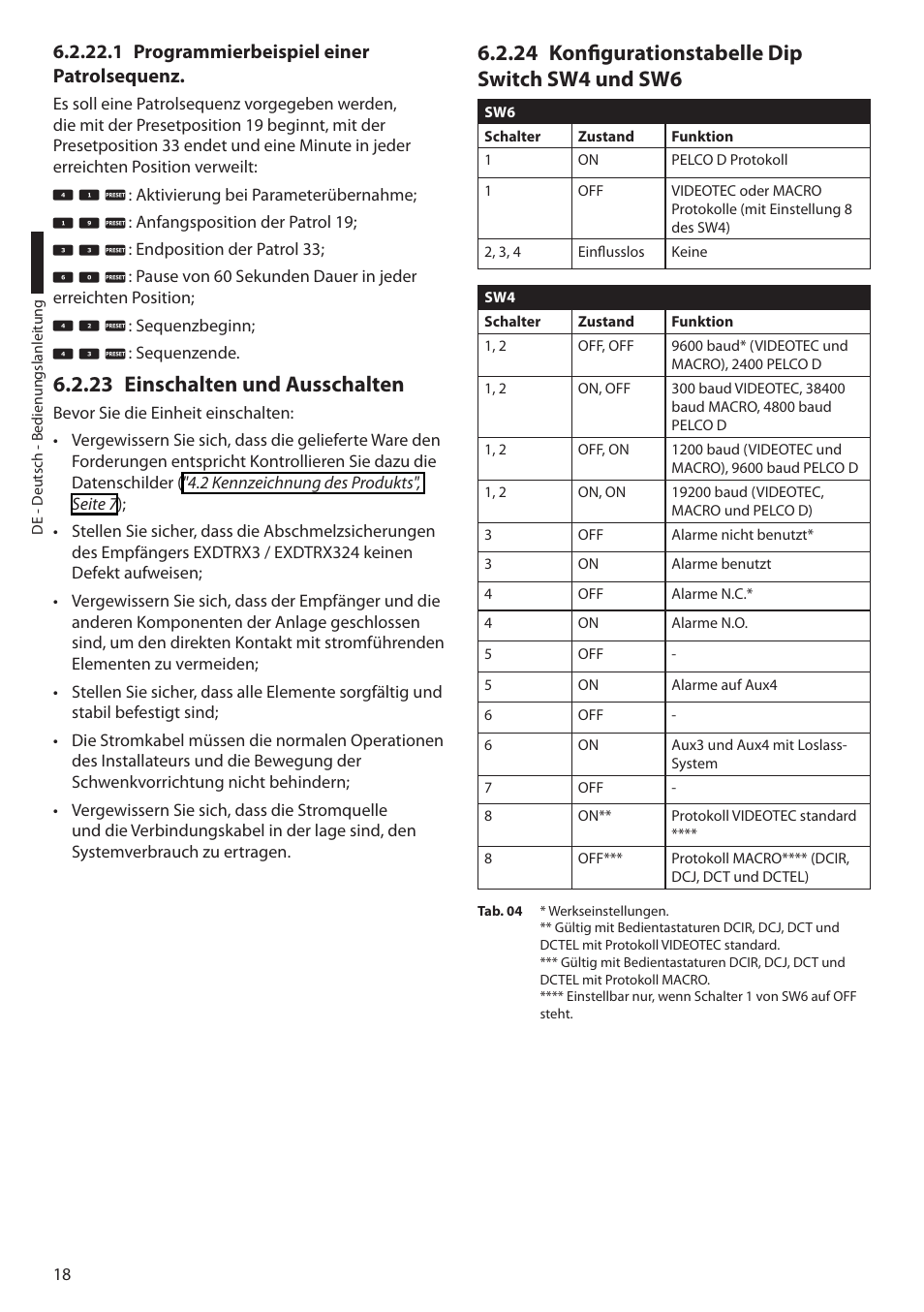 1 programmierbeispiel einer patrolsequenz, 23 einschalten und ausschalten, 24 konfigurationstabelle dip switch sw4 und sw6 | Videotec EXDTRX User Manual | Page 92 / 124