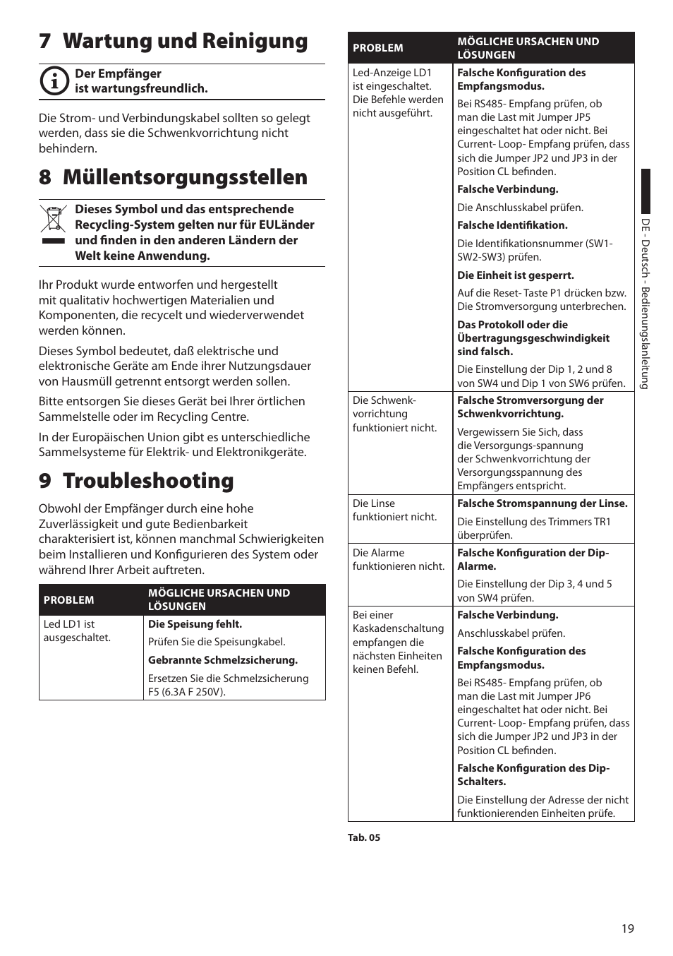 7 wartung und reinigung, 8 müllentsorgungsstellen, 9 troubleshooting | 8 müllentsorgungsstellen 9 troubleshooting | Videotec EXDTRX User Manual | Page 93 / 124