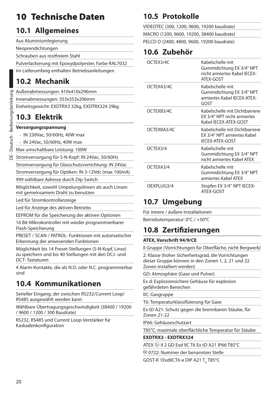 10 technische daten, 1 allgemeines, 2 mechanik | 3 elektrik, 4 kommunikationen, 5 protokolle, 6 zubehör, 7 umgebung, 8 zertifizierungen | Videotec EXDTRX User Manual | Page 94 / 124