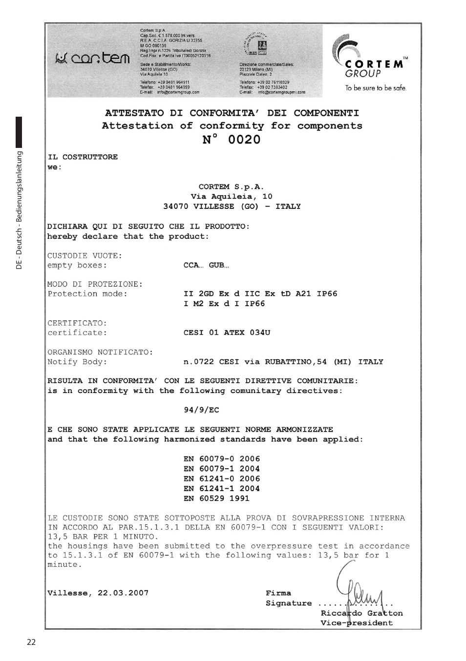 12 anhang a - cortem- zertifizierung | Videotec EXDTRX User Manual | Page 96 / 124