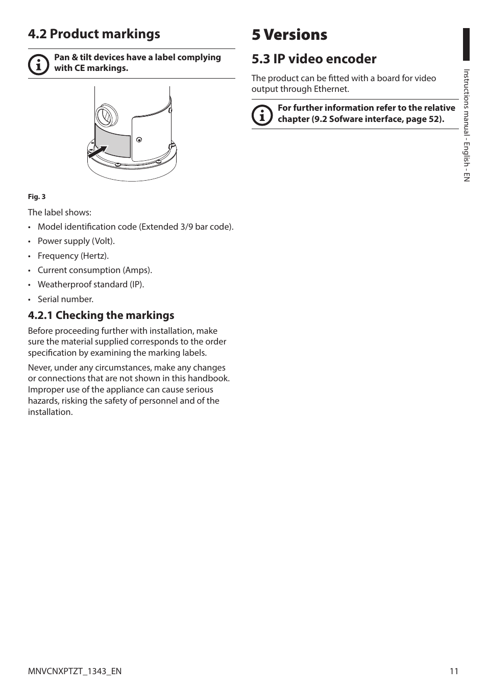 2 product markings, 1 checking the markings, 5 versions | 3 ip video encoder | Videotec NXPTZT User Manual | Page 11 / 76