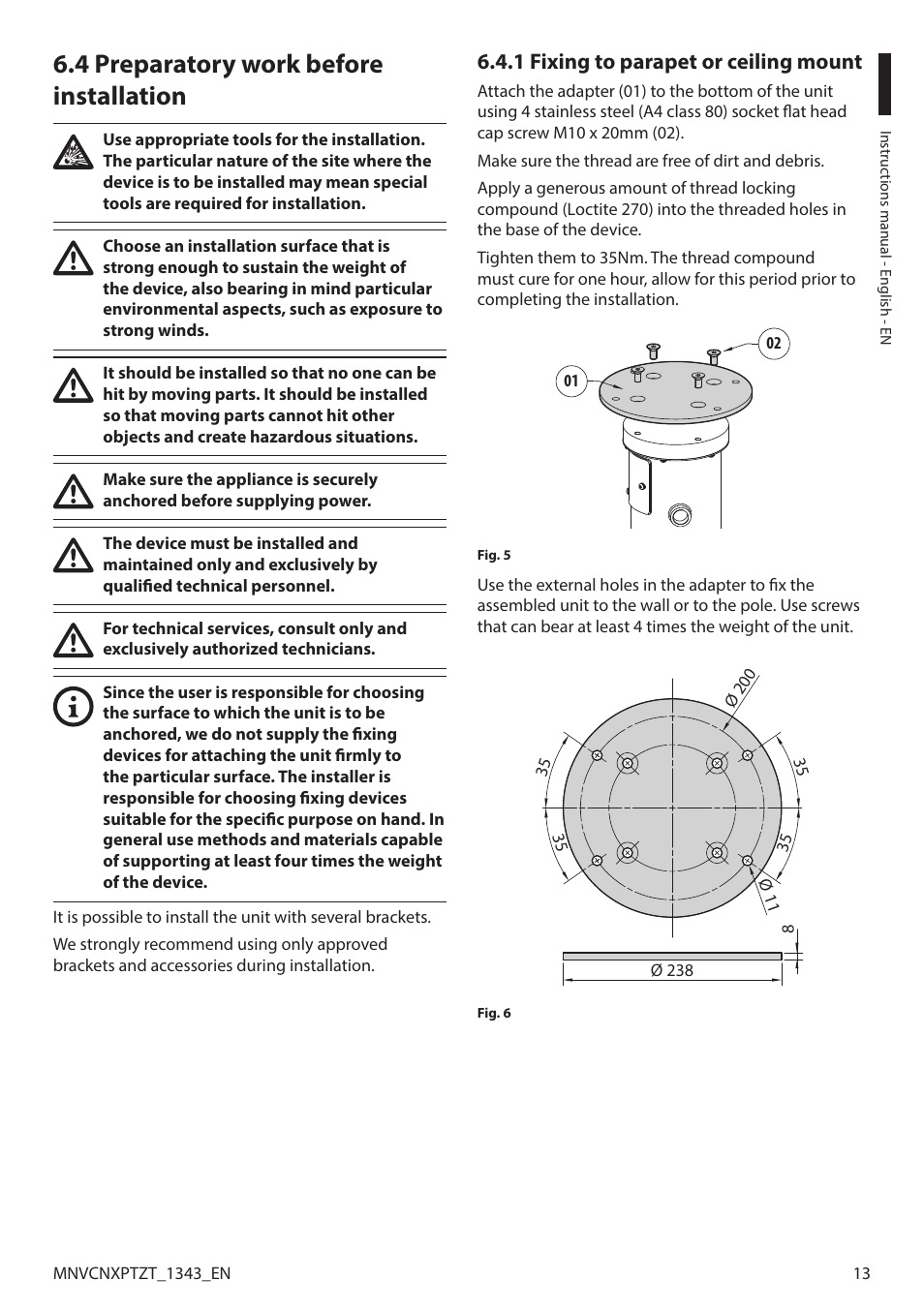 4 preparatory work before installation, 1 fixing to parapet or ceiling mount | Videotec NXPTZT User Manual | Page 13 / 76