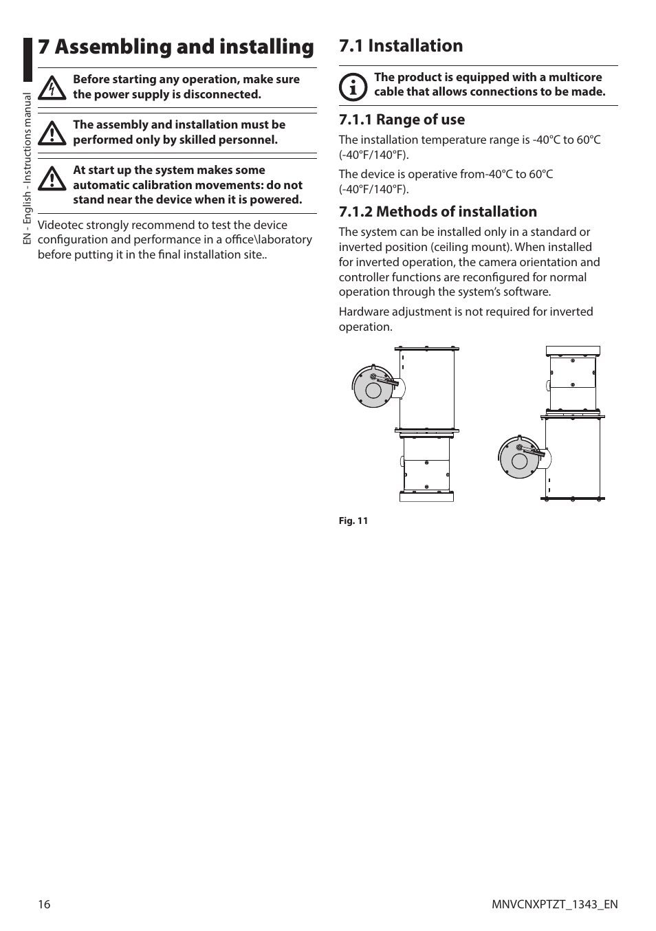 7 assembling and installing, 1 installation, 1 range of use | 2 methods of installation, 1 range of use 7.1.2 methods of installation | Videotec NXPTZT User Manual | Page 16 / 76