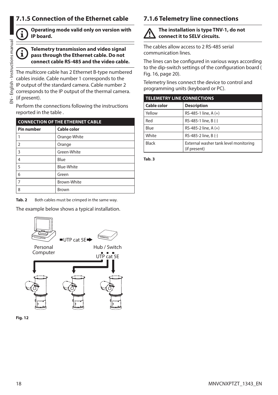 5 connection of the ethernet cable, 6 telemetry line connections | Videotec NXPTZT User Manual | Page 18 / 76