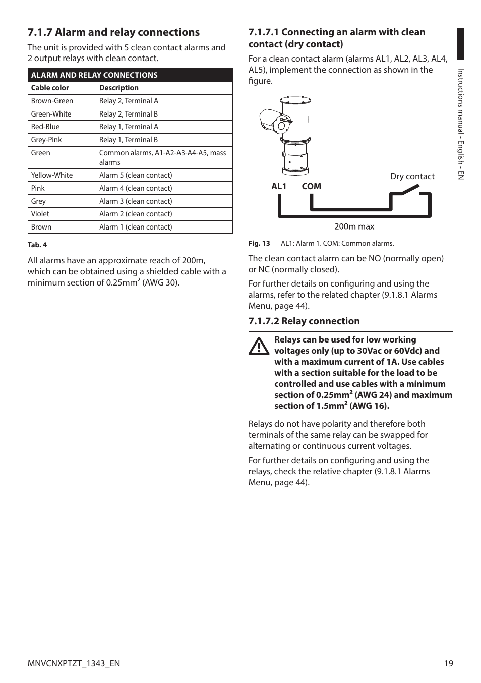 7 alarm and relay connections, 2 relay connection | Videotec NXPTZT User Manual | Page 19 / 76