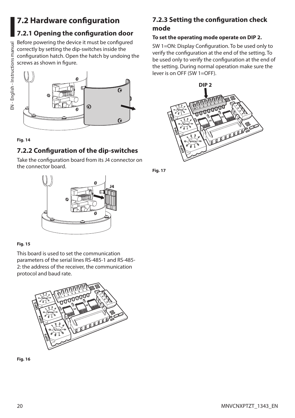 2 hardware configuration, 1 opening the configuration door, 2 configuration of the dip-switches | 3 setting the configuration check mode, Dip 2, En - english - i nstruc tions manual, Fig. 14, J4 fig. 15, Fig. 16, Fig. 17 | Videotec NXPTZT User Manual | Page 20 / 76