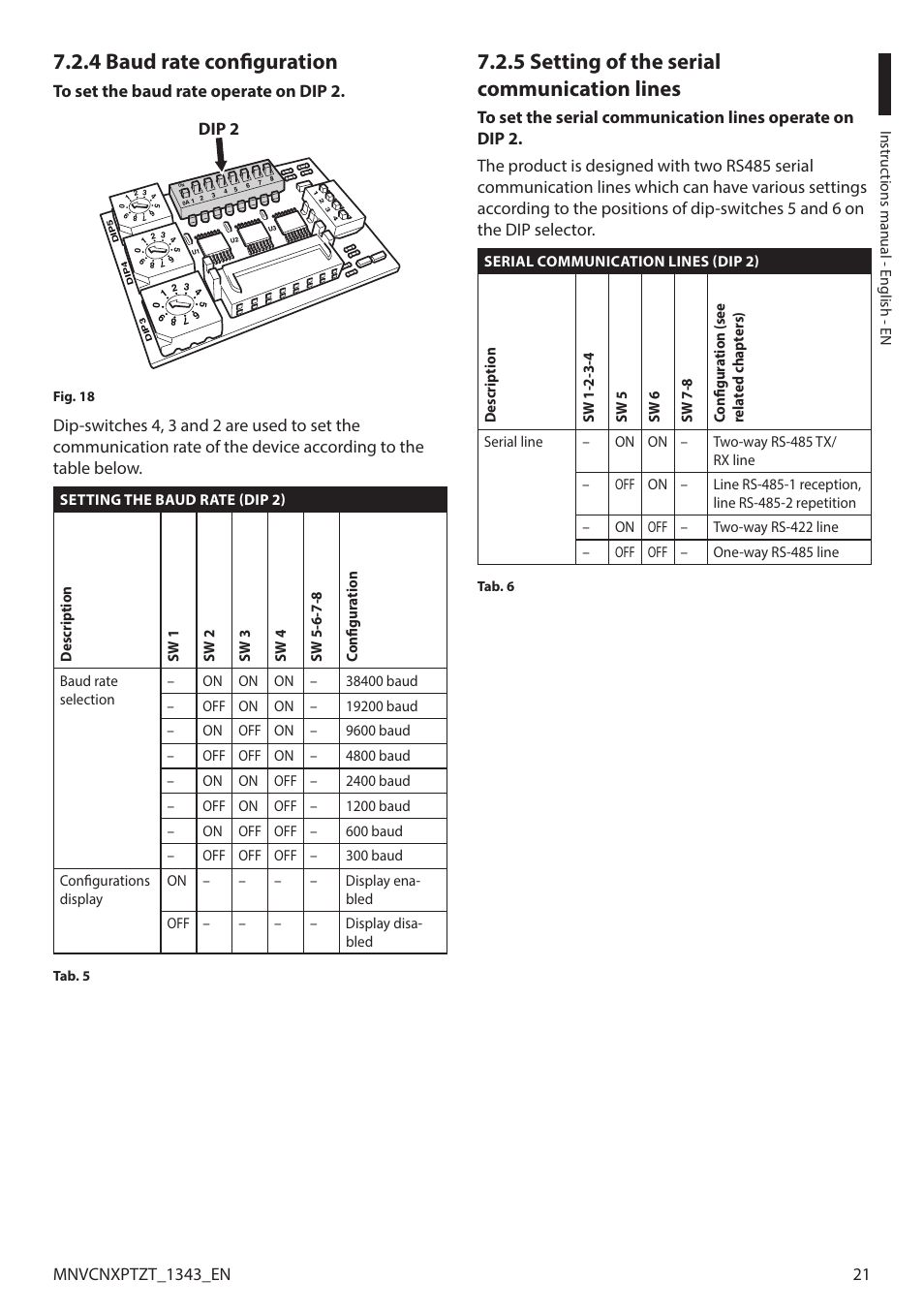 4 baud rate configuration, 5 setting of the serial communication lines, Dip 2 | Videotec NXPTZT User Manual | Page 21 / 76