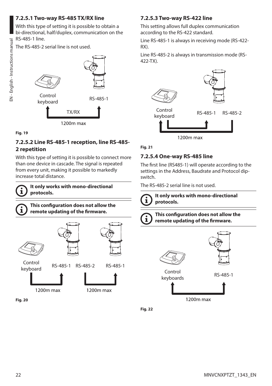 1 two-way rs-485 tx/rx line, 3 two-way rs-422 line, 4 one-way rs-485 line | Videotec NXPTZT User Manual | Page 22 / 76