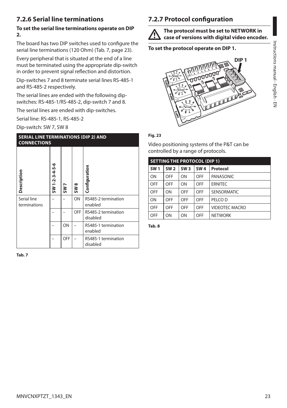 6 serial line terminations, 7 protocol configuration, Dip 1 | Videotec NXPTZT User Manual | Page 23 / 76