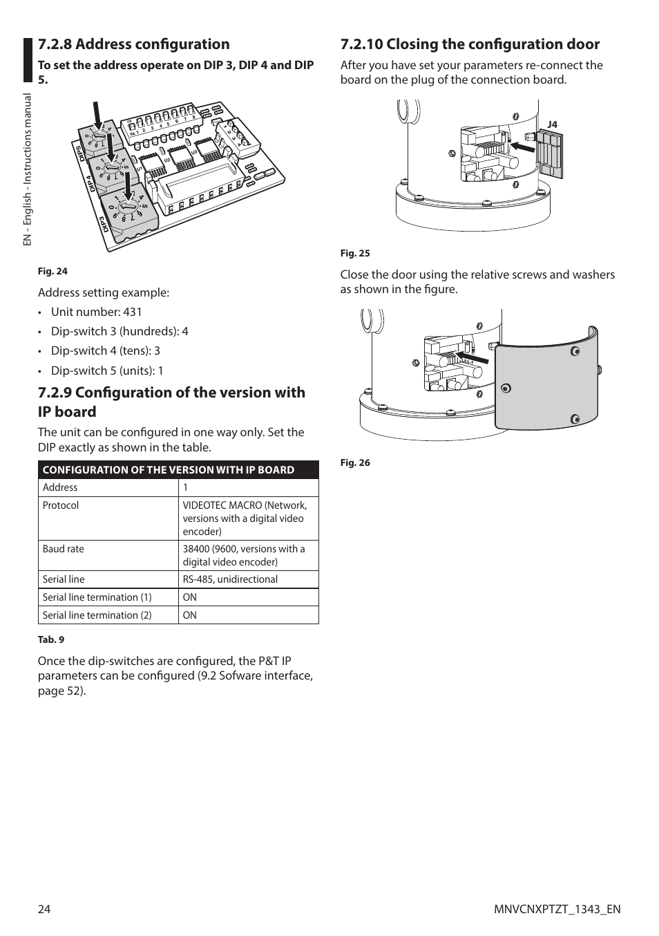 8 address configuration, 9 configuration of the version with ip board, 10 closing the configuration door | Videotec NXPTZT User Manual | Page 24 / 76