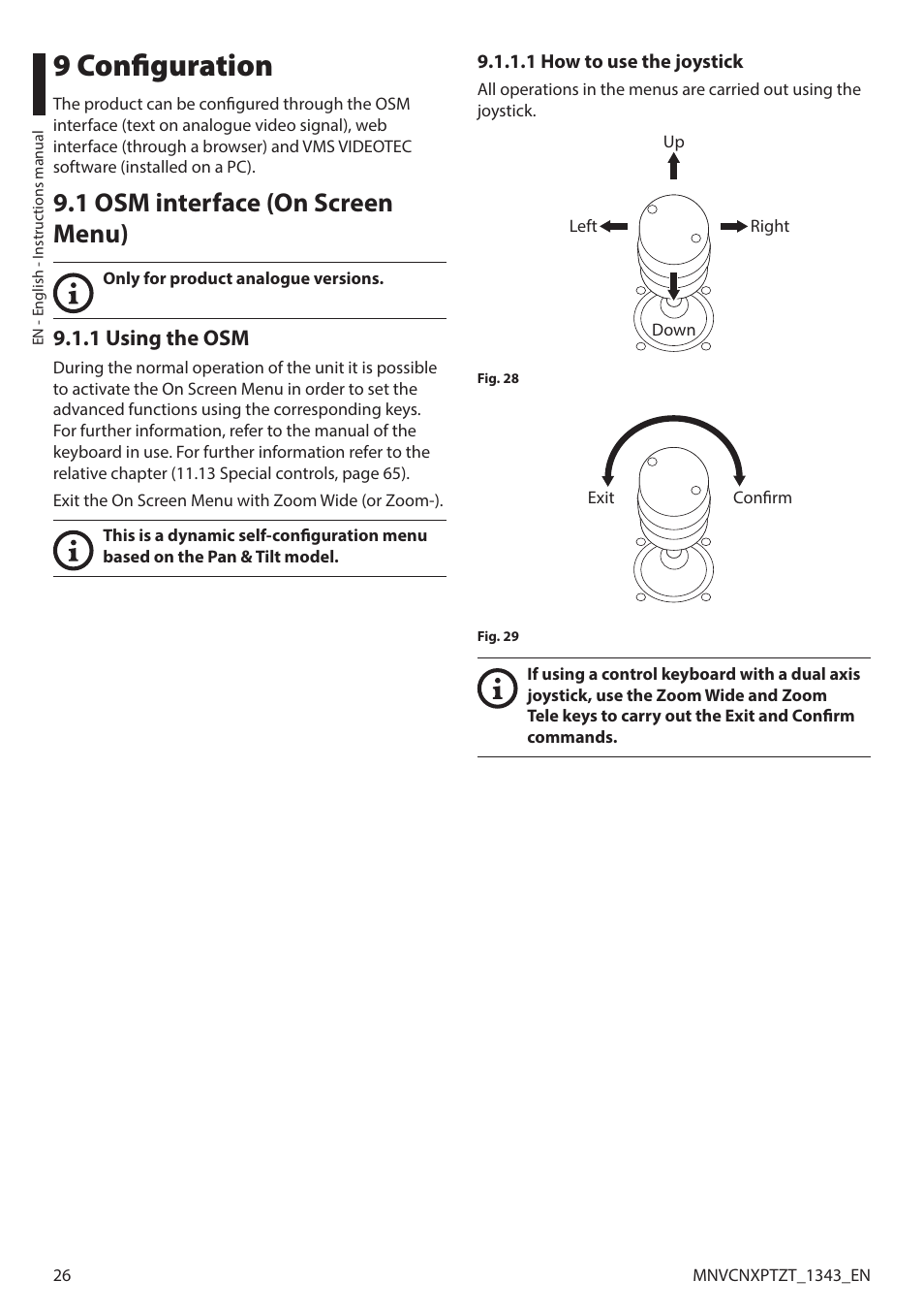 9 configuration, 1 osm interface (on screen menu), 1 using the osm | 1 how to use the joystick | Videotec NXPTZT User Manual | Page 26 / 76