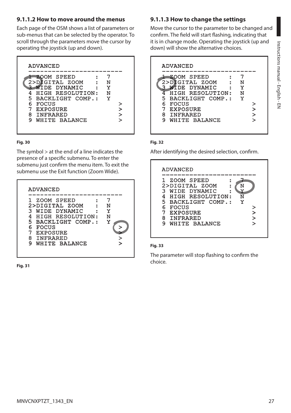 2 how to move around the menus, 3 how to change the settings | Videotec NXPTZT User Manual | Page 27 / 76