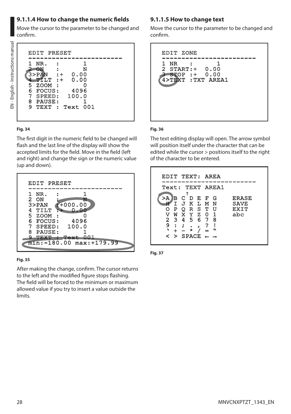 4 how to change the numeric fields, 5 how to change text | Videotec NXPTZT User Manual | Page 28 / 76