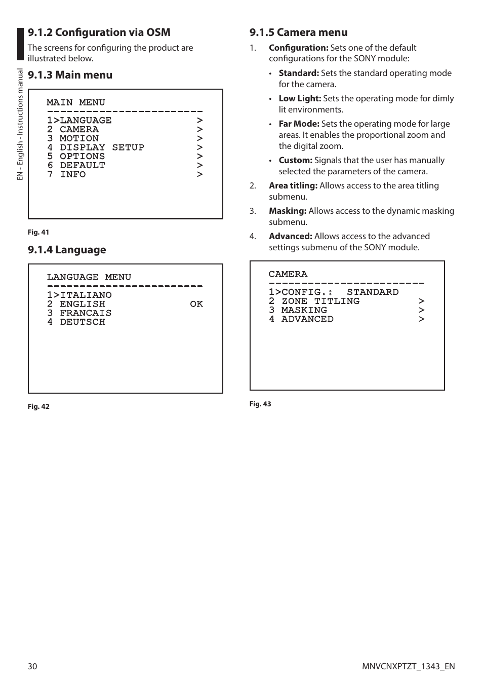 2 configuration via osm, 3 main menu, 4 language | 5 camera menu | Videotec NXPTZT User Manual | Page 30 / 76